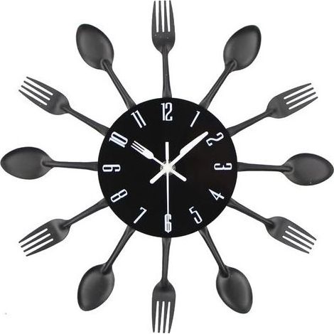 Küchenwanduhr, 3D abnehmbar, modern und kreativ, Küchenbesteck, Löffel, Gabel, Wanduhr, Spiegel, Wandaufkleber, Heimdekoration (schwarz) (1/5)