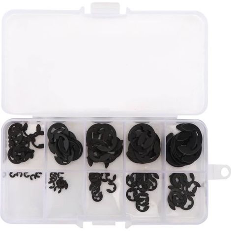 Eiffel 120Pcs E-Clip Snap Circlip Kit Anneau de retenue ouvert Acier au manganèse noir en boîte 1.5-10mm (1/4)