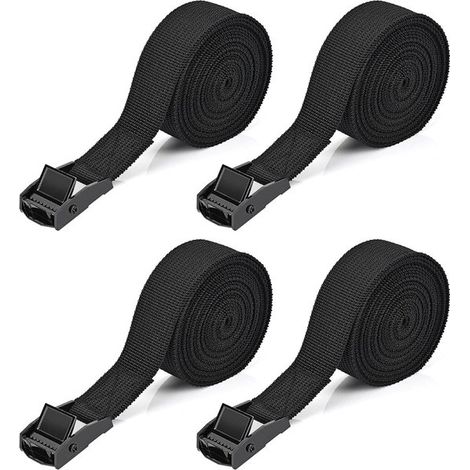 Juego de 4 correas de sujeción, de 4 metros x 2,5 centímetros, tipo trinquete, con hebillas, para asegurar equipaje, bolsos, mercancías, etc., en color negro. (1/5)