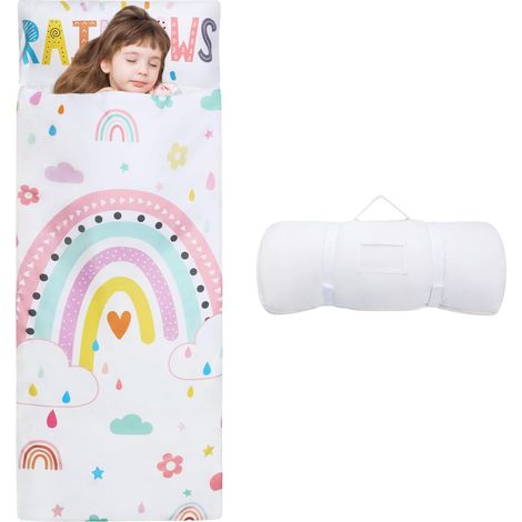 Sac de Couchage Chaud Enfant, Tapis de Sieste 150×60cm,Nuages Blancs Arc-en-ciel (1/5)