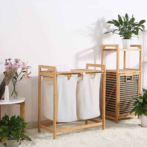 Panier à linge pliable grande capacité à 2 compartiments en bois, corbeille durable avec couvercle coulissant amovible (1/5)