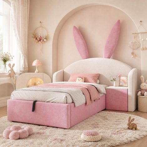 Letto bambino 90x190 cm in velluto con testiera a orecchie di coniglio e comodino (1/5)