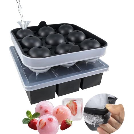 Bac à glaçons facile à démouler avec couvercle, machine à glaçons en plastique avec entonnoir, 9 grands glaçons et 9 boules de glace pour whisky, gelée, pudding, plateau de congélation en silicone (1/5)
