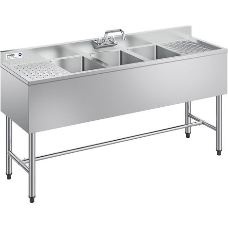 Évier de Cuisine à 3 Cuves de 25,4x35,6x25,4 cm, Évier Autoportant pour Station de Bar 152,4 cm, pour Restaurant Camion-restaurant Bar Maison, en Inox 304 de Calibre 18, avec Double Égouttoir (1/5)