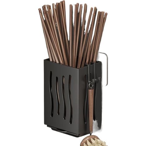 1 porte-couverts en plastique à fixation murale pour baguettes, cage, fourchette, baguettes, boîte de rangement multifonctionnelle pour cuisine (noir) (1/5)