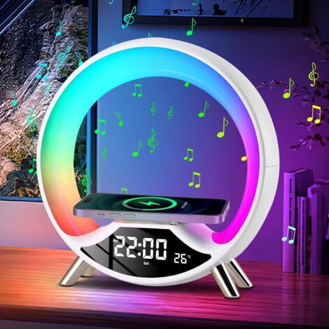 Lampe de table intelligente avec haut-parleur Bluetooth – Chargeur sans fil 15W – Réveil musical – 16 modes d'éclairage RVB – Pour chevet et salon