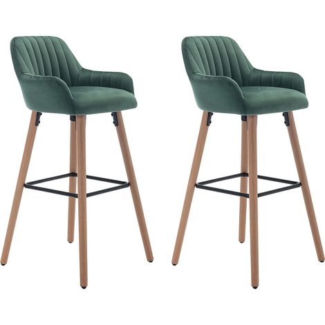 Sgabello da bar in Velluto e Metallo effetto legno di Faggio Verde scuro - Lotto di 2 - ELEANA (1/5)