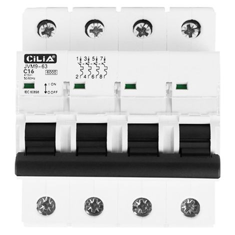 CILIA Leitungsschutzschalter 4-Polig - Sicherungsautomat 6kA 400V AC - 4 Module für Hutschiene - Auslösecharakteristik C - Für Drehstrom/Trifase C16 (16A)