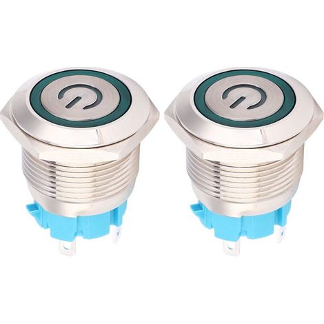 Lot de 2 interrupteurs à bouton-poussoir 12-24 V CC, ronds, 4 broches, 19 mm, à réarmement automatique, avec témoin lumineux d'alimentation (vert). (1/5)