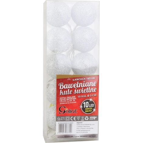 Lámparas de bola de algodón plateadas con 10 LED, 5 cm, alimentadas por 2 pilas AA, longitud del cable 165 cm. (1/5)