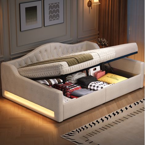 Tagesbett Leinen Beige 140x200 cm mit Stauraum, LED-Beleuchtung und Lattenrost (1/5)