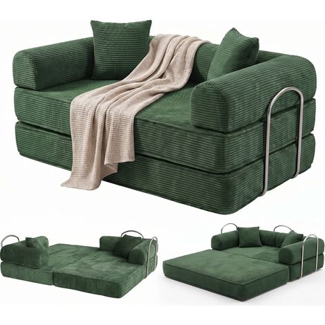 Canapé convertible 2 places modulable – Velours côtelé vert – Confort mousse haute densité – Dimensions 150x90x65.5 cm