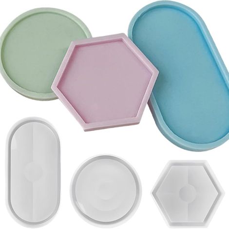 Juego de 3 moldes de silicona para bandejas, moldes de resina epoxi para posavasos redondos, hexagonales y ovalados, moldes para bandejas de té y fruta DIY, para decoración de manualidades. (1/5)