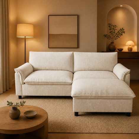 REDOM Divano angolare 216x77x82 cm, trasformabile con pouf contenitore mobile, schienale alto, chenille beige (1/5)