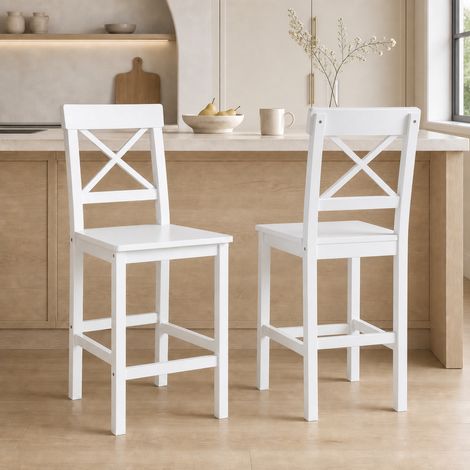 Lot de 2 chaises hautes, chaises de bar style campagne chic en bois hauteur 60 cm avec repose-pieds, blanc (1/5)