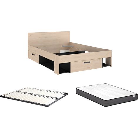 Letto 140 x 190/200 cm Con vani portaoggetti Naturale e Nero + Rete a doghe + Materasso - KINSELIA (1/5)