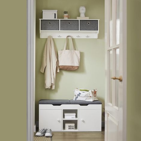 SoBuy Scarpiera da Ingresso Panca con due cuscini - Panca Contenitore Salvaspazio con Vano Portaoggetti - Bianco 100x48x34 cm - 136kg di Portata per Corridoio, Soggiorno, Camera da Letto - FSR96-W