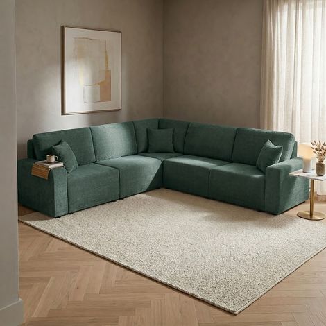 Canapé d'angle modulable 6 places en tissu texturé vert - MODULYS (1/5)