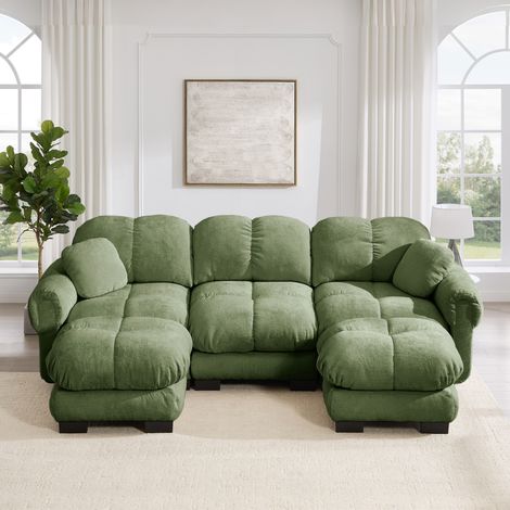 Modulares Sofa grün aus Chenille mit Steppnähten und beweglicher Ottomane (1/5)