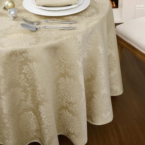 Nappe Ronde 160 cm Beige Extérieurs Anti Tache,Lavable,Résistant à l'eau,Jacquard Décoration Grande Table pour Fêtes,Paques,Anniversaire,Jardin et Repas en Plein Air Printemps (1/5)