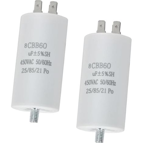 2 Pièces CBB60 8uf Condensateur de Démarrage 450VAC 50/60Hz avec, Dimensions 34x65 mm, Condensateur 8 uF, Plastique PBT Résistant pour Moteurs Monophasés, Lave-Linge, Sèche-Linge, Compresseur et Pompe (1/5)