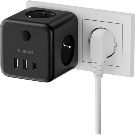 6 en 1 Multiprise Murale avec USB C, Prise Multiple, Noir  Multiprise avec Interrupteur et 3 Ports USB, Prise Murale Cube 2500W, Convient pour Domicile, Bureau (1/5)