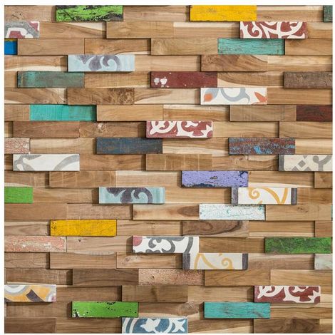 Decoon – Plaquette de parement bois teck recyclé et carreaux de ciment – Effet 3D – Facile à poser sans joints – 0,96 m2 (1/2)