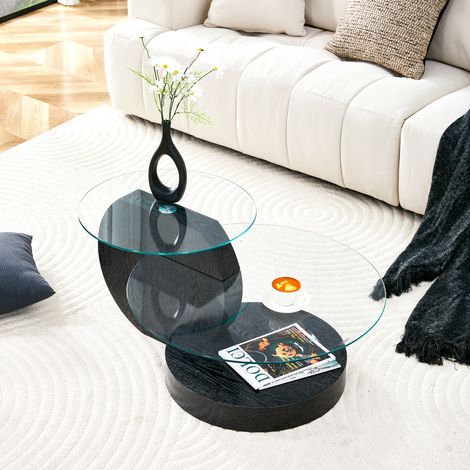 Mesa de centro redonda apilable de cristal templado, Ø70/Ø50 cm, mesa auxiliar para sofá, estructura de MDF negro, acabado en madera (1/5)