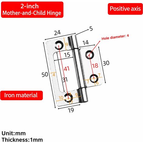Charnière de porte mère-enfant simple en acier inoxydable (2 pouces, fer argenté), 1 pièce, sans découpe, à pivot silencieux, pour engins de chantier, meubles et armoires. (1/5)