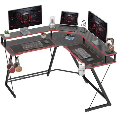 HOMCOM escritorio esquinero con enchufes, mesa escritorio forma L, 128x128 cm, con soporte para monitor, gancho para auriculares y portavasos, negro