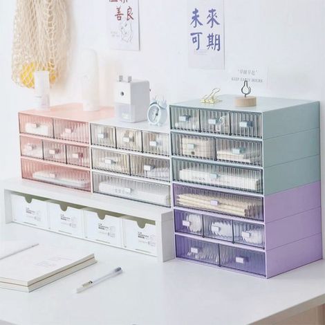 Tiroir de bureau organisateur imperméable anti-poussière plastique DIY combinable empilable multicouche boîte de rangement rayures rose 2 tiroirs
