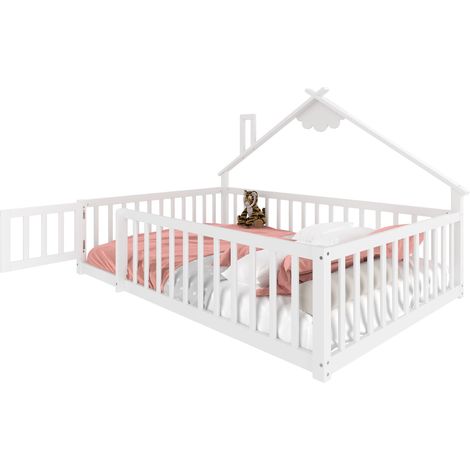 Lit Maison 140x190cm - En Bois avec Barrière Verrouillable - Pour Enfant, Chambre - Blanc (1/5)