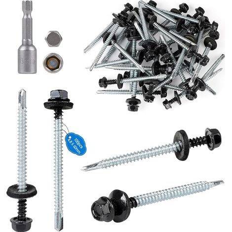 Lot de 100 Vis auto-perceuses en tôle M4,8x60 mm Tête hexagonale autoperceuse RAL 7016 Gris Vis autoperceuses peintes avec rondelles EPDM et clé à douille M8 Vis tole toiture pour plus fixatio (1/5)