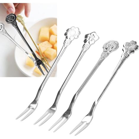 Ensemble de couverts en acier inoxydable 4 pièces, fourchette à dessert élégante et créative, fourchette à fruits à deux dents, fourchette à gâteau de lune, brochettes à fruits, argenté. (1/5)