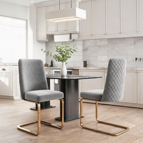2 chaises velours gris design losange piètement métal doré (1/5)