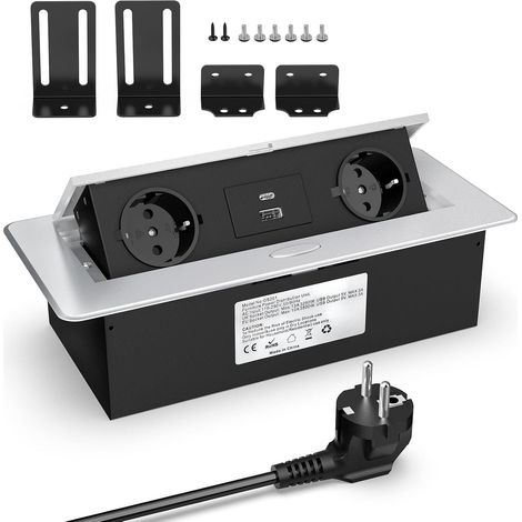 Prise Encastrable Plan de Travail USB C PD20W, Aluminium Multiprise Electrique 2 Prises USB C, USB A Port, Bloc Prise Escamotable pour Plan de Travail, Cuisine, Bureau 2500W/10A, 1.8M Câble (1/5)