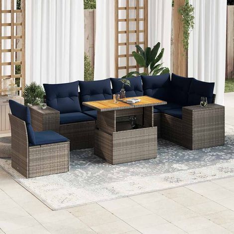 Set de sofás de jardín 7 pzas con cojines ratán sintético gris vidaXL (1/5)