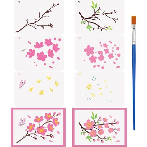 6Pcs Pochoir de Peinture en Forme de Branche de Cerisier en Couches Avec Pinceau Pochoir Réutilisable en Plastique Format A4 (29.7x21Cm) pour Tissu Mural (1/5)