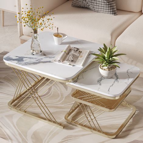 2er-Set quadratische Couchtische (Satztische), Marmoroptik, Metallgestell, modernes Design, 60x60x45 cm & 45x45x38 cm, Gold/Weiß