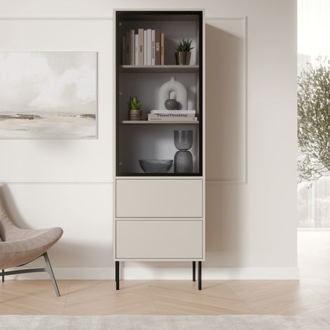 Vitrina Zanica, Mueble Expositor 2 Estantes, 2 Cajones, Una Puerta, 60x40x185h cm Beige (1/4)