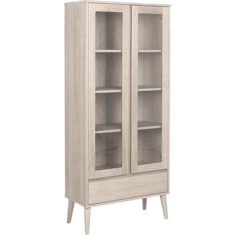 Naila Vitrine avec 2 portes vitrées et 1 tiroir, placages chêne et chêne massif blanc délavé (1/4)