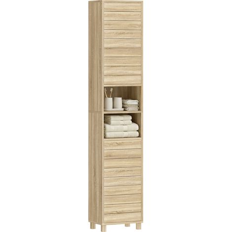 Armoire de salle de bain haute avec étagères réglables, portes à lattes, ouverture par simple pression, 34 x 23 x 170 cm, naturelle (1/5)