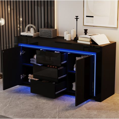Buffet de salon noir avec LED, meuble de rangement, étagère réglable, MDF, 2 portes et 3 tiroirs, 140x40,5x65 cm (1/5)
