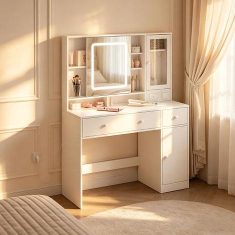 Table de rangement polyvalente, table de dressing avec étagère réglable en hauteur, table de dressing avec prise de courant (seulement avec table de maquillage) (1/5)