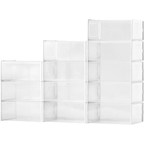 Boîte de Rangement pour Chaussures, Lot de 12, Empilable, Organisateur, Taille US 11, Plastique Modulaire, Économiseur d'Espace, pour Talons, Bottes et Chapeaux, Cadre Blanc (1/5)