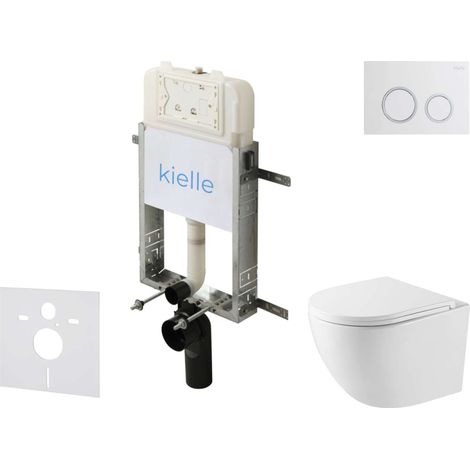 kielle Genesis New - Conjunto de instalación empotrada, inodoro compacto Oudee, Vortex Rimless+, asiento softclose y pulsador Gemini New II, blanco brillante/cromo 30528SZ40