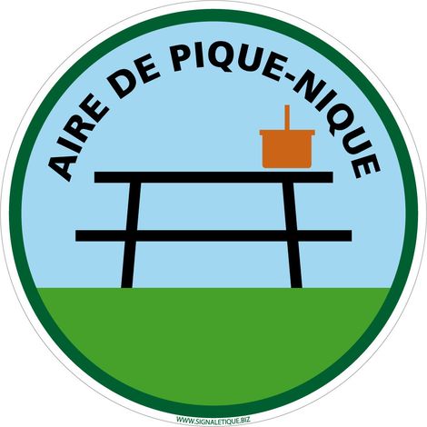 Panneau Aire de pique-nique. Panneau indication Emplacement pour pique-nique. Vinyle autocollant, PVC ou Alu, au choix - Plastique PVC 1,5 mm - Diamètre 350 mm (1/5)