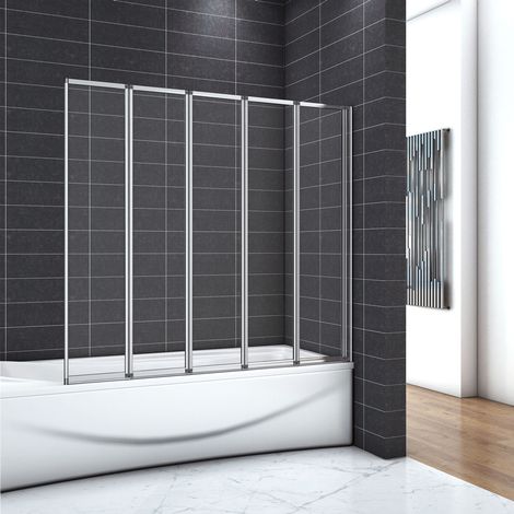 Ocean Sanitaire – Pare-baignoire pivotant 120x140cm – 5 volets en verre de sécurité 4mm – Profilés en aluminium anodisé – Montage réversible