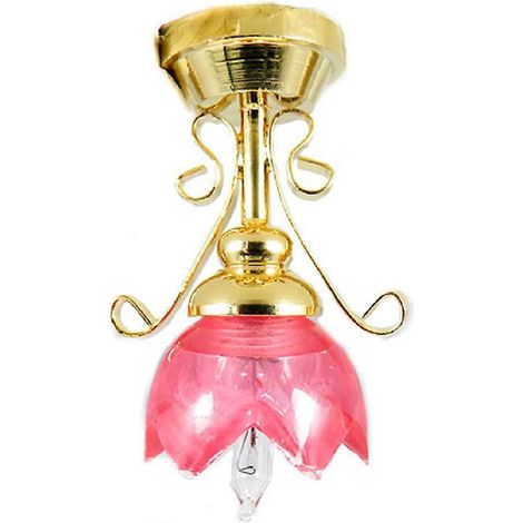 Plafonnier électrique 12 V, abat-jour couleur canneberge et filigrane doré pour maison de poupée