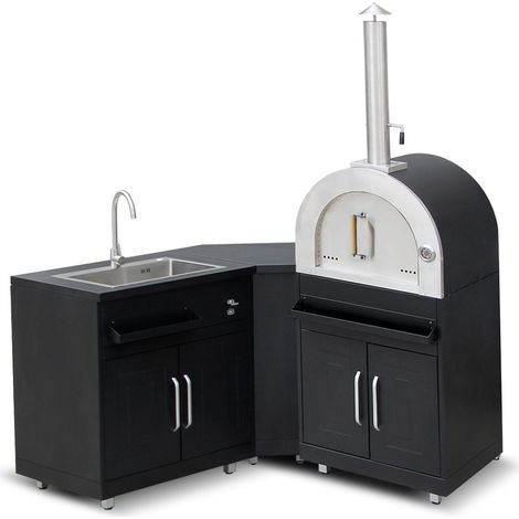 Oviala – Cuisine extérieure en métal 3 modules – Évier ajustable 96 cm – Four à pizza avec pierre en Cordiérite – Rangement intégré
